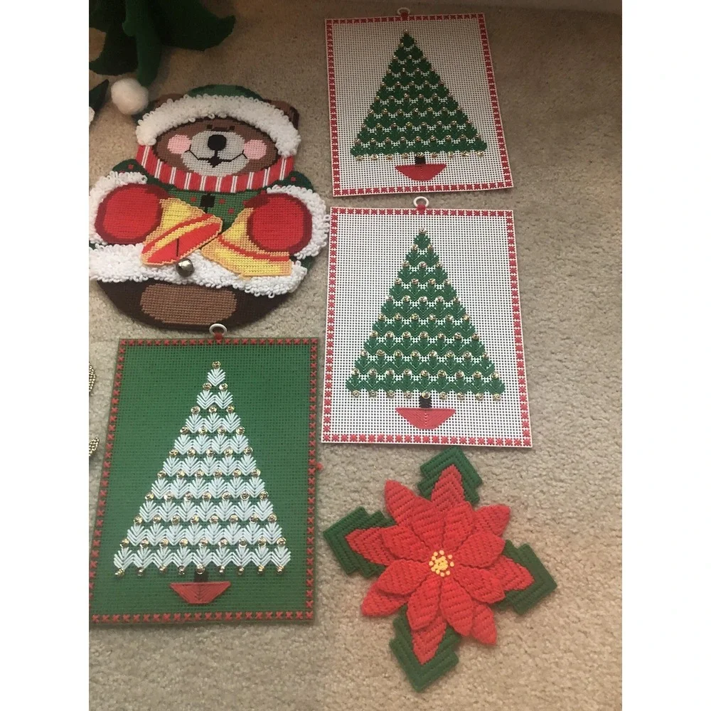 Plastic Canvas Needlepoint Christmas Crafts Handmade Finished Pieces Lot Of 16